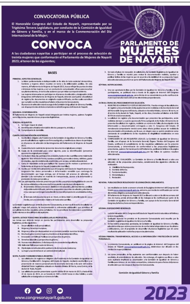 CONGRESO CONVOCA A INTEGRAR PARLAMENTO DE MUJERES