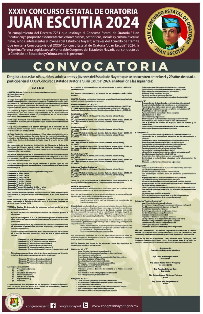 DIPUTADOS CONVOCAN AL CONCURSO NACIONAL DE ORATORIA JUAN ESCUTIA 2024