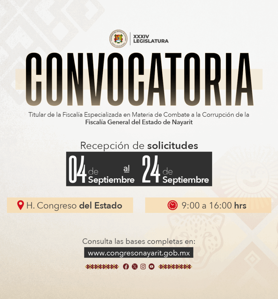 📢 ¡Convocatoria abierta!¿Quieres ser Fiscal Anticorrupción de Nayarit?🗓️ Tienes hasta el 24 de septiembre💼 ¡Consulta requisitos y participa!👉 www.congresonayarit.mx
