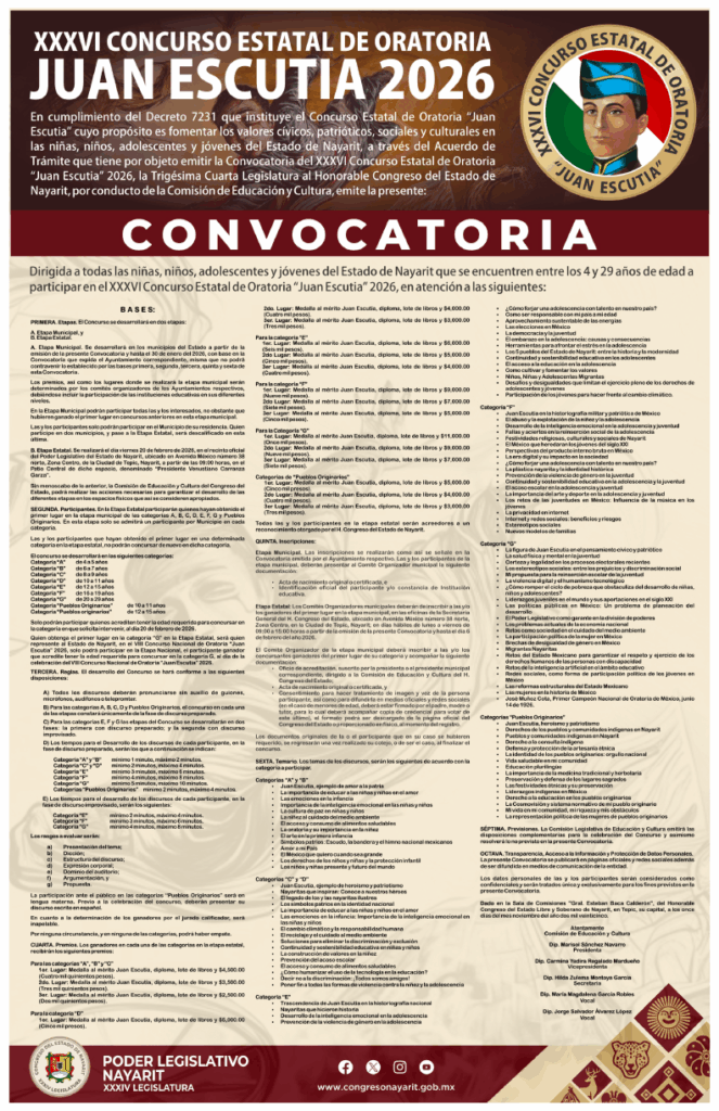 SALE CONVOCATORIA PARA CONCURSO DE ORATORIA JUAN ESCUTIA 2026