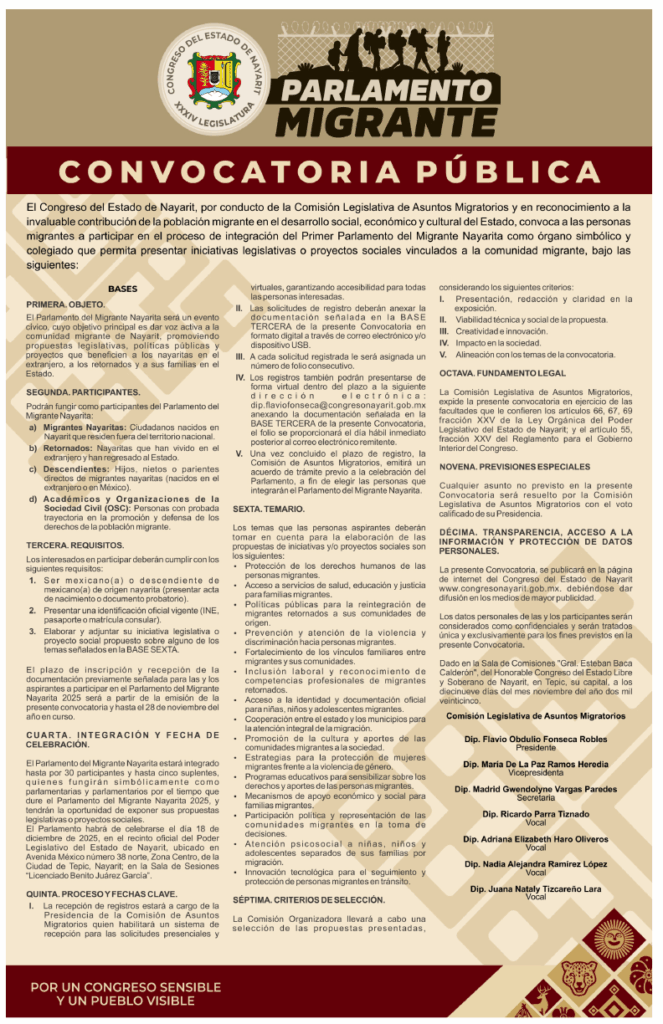 CONGRESO PUBLICA CONVOCATORIA PARA PARLAMENTO MIGRANTE NAYARITA