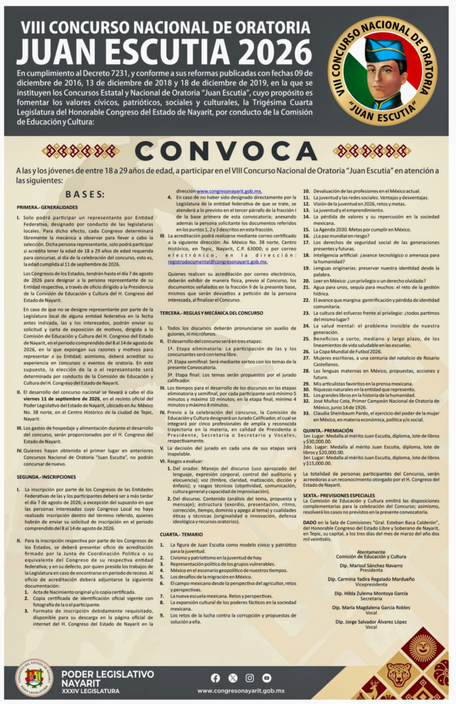 LANZAN CONVOCATORIA DEL VII CONCURSO NACIONAL DE ORATORIA JUAN ESCUTIA 2026