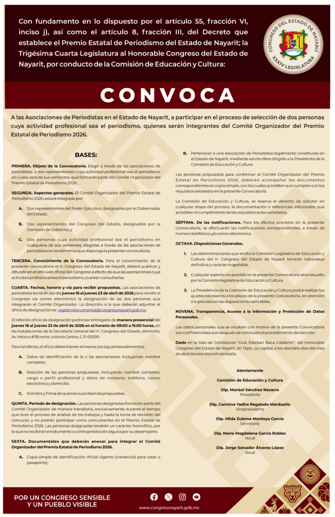 CONGRESO ABRE CONVOCATORIA A LAS ASOCIACIONES DE PERIODISTAS PARA QUE DESIGNEN REPRESENTANTES PARA EL COMITÉ ORGANIZADOR DEL PREMIO ESTATAL DE PERIODISMO 2026